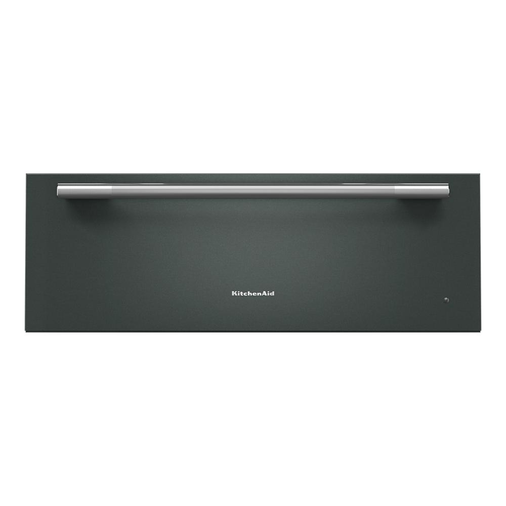 Black 30-inch warming drawer with stainless steel handle in KitchenAid appliances for home improvement kitchens.