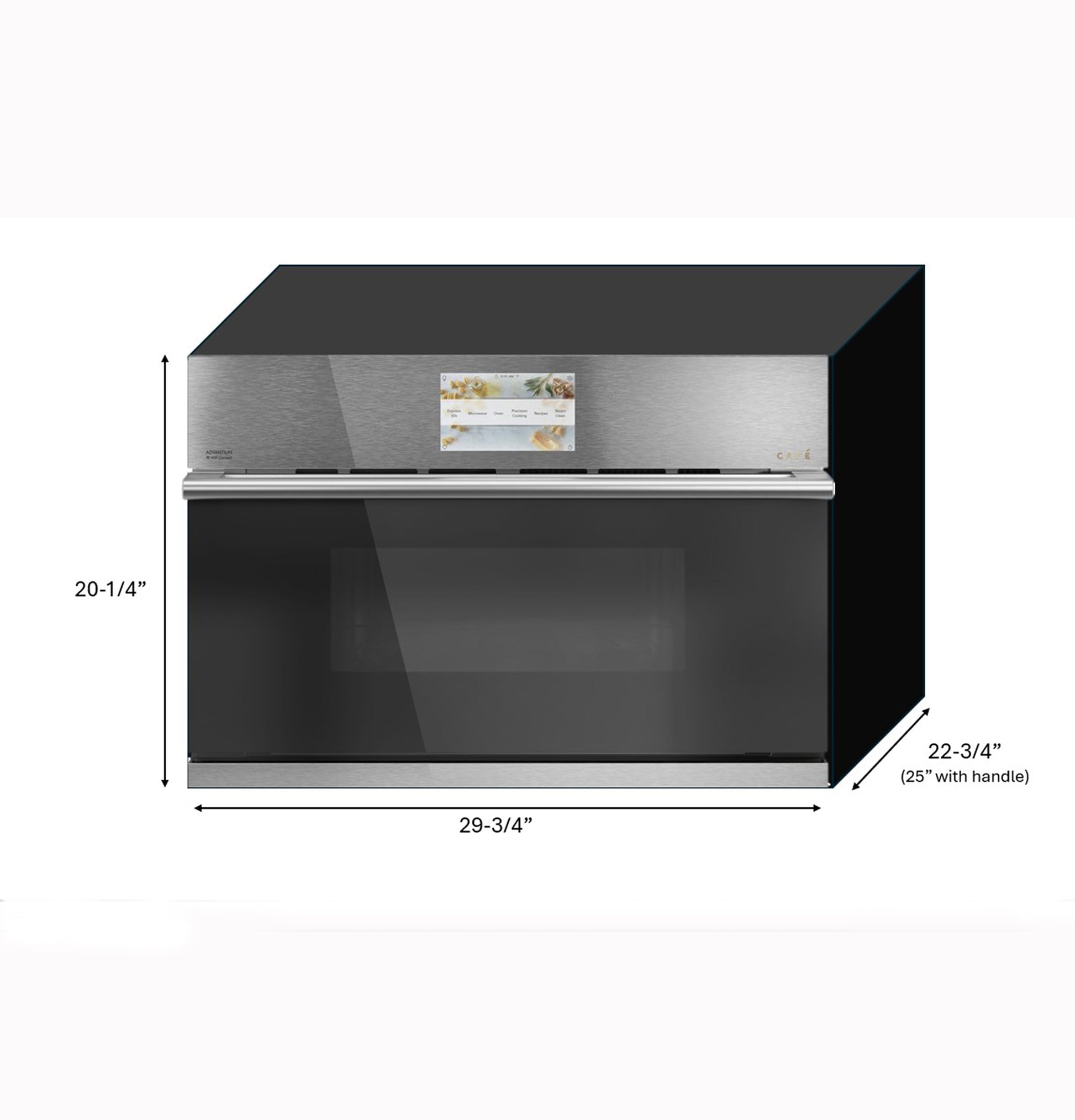 Platinum glass speed cook oven with digital touchscreen and stainless steel accents in kitchen appliances collection