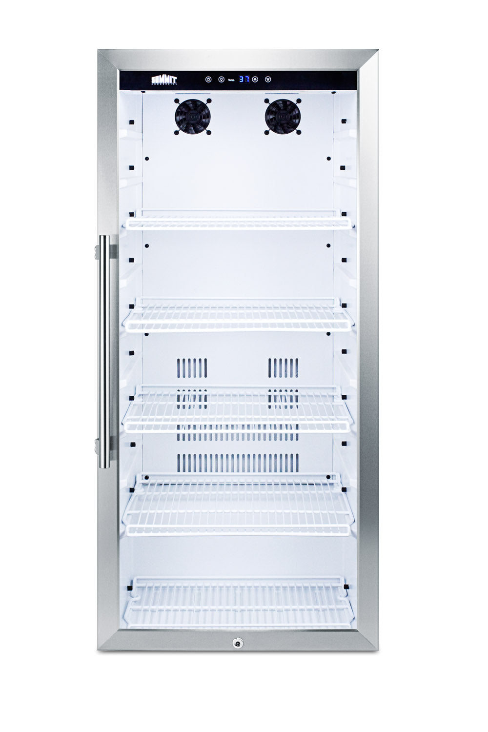 Stainless steel beverage cooler with glass door and adjustable wire shelves in kitchen and appliance collection