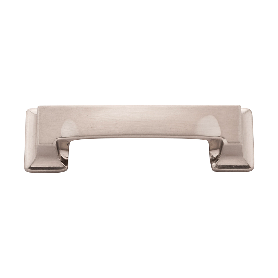 Satin nickel cup pull with modern rectangular design for cabinet and furniture hardware in home improvement projects
