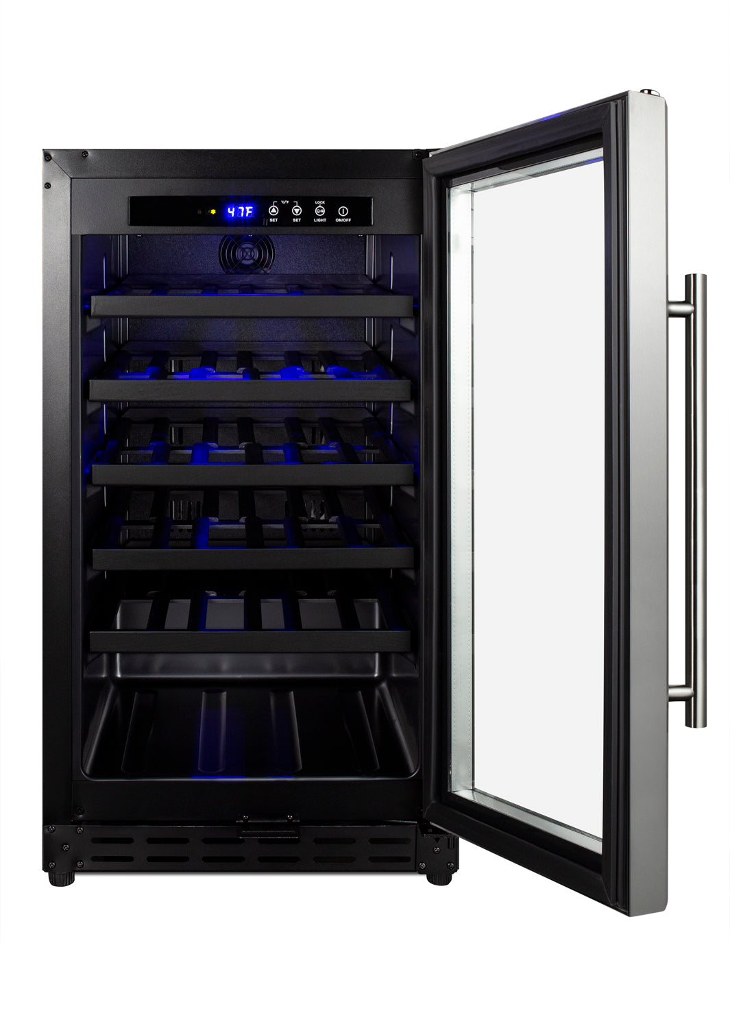 Built-in undercounter wine cellar with stainless steel handle, glass door, LED temperature display in kitchen appliances collection