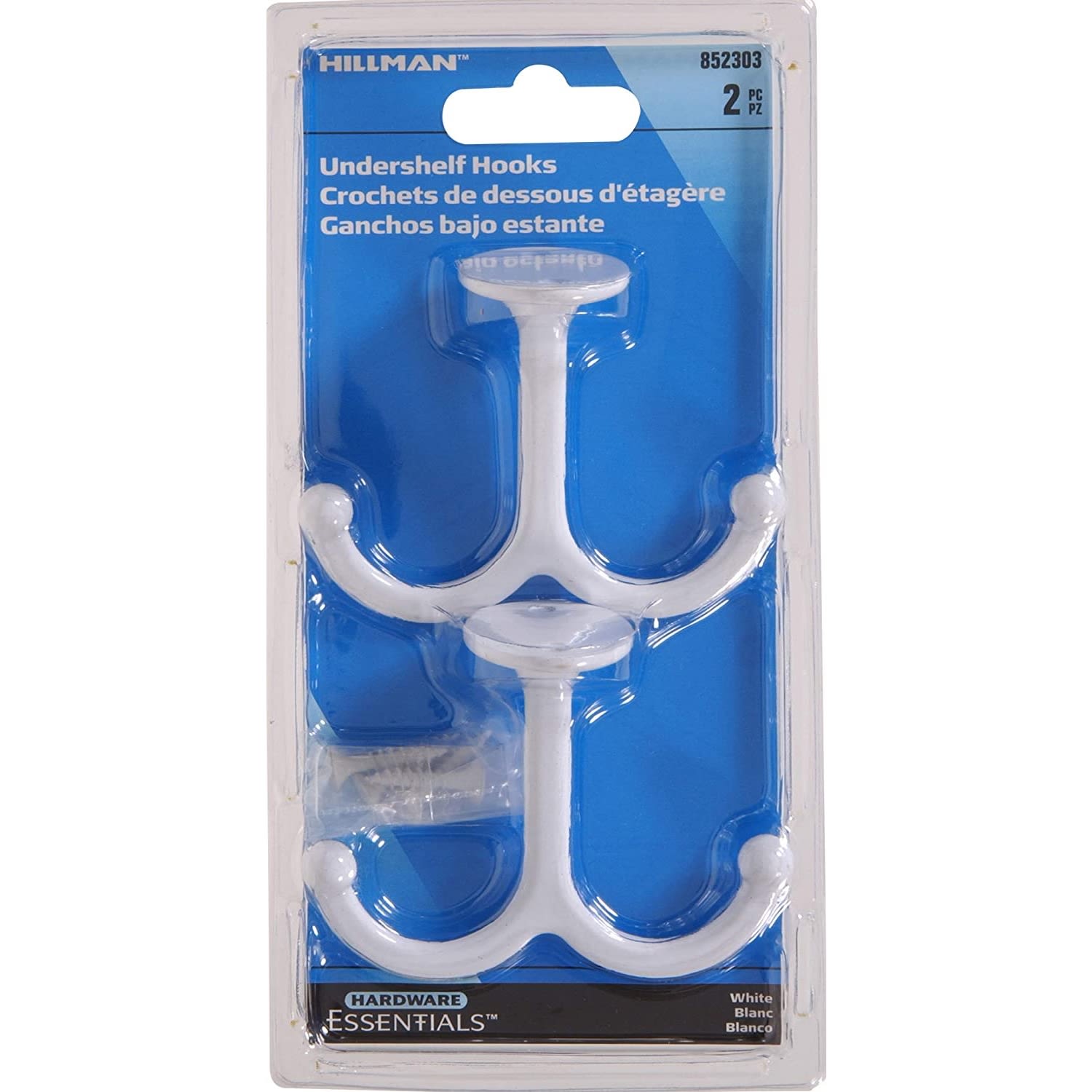Set of two white undershelf coat hooks designed for space-saving storage and organization in home improvement projects