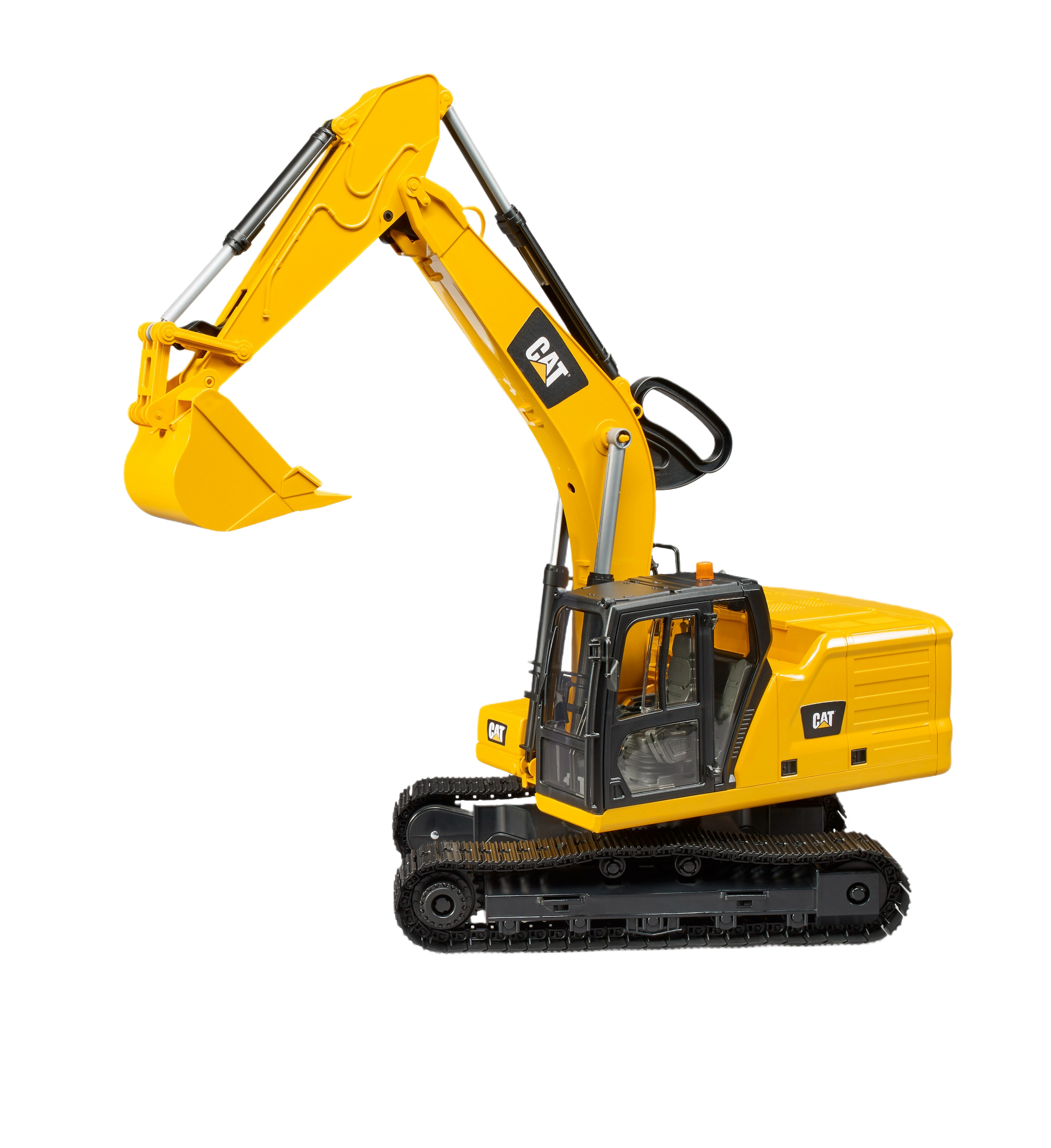 Yellow and black toy excavator with articulated arm and bucket on tracked base for construction play