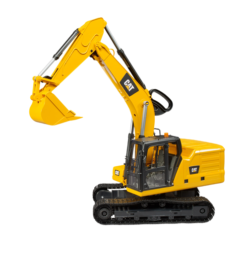 Yellow and black toy excavator with articulated arm and bucket on tracked base for construction play
