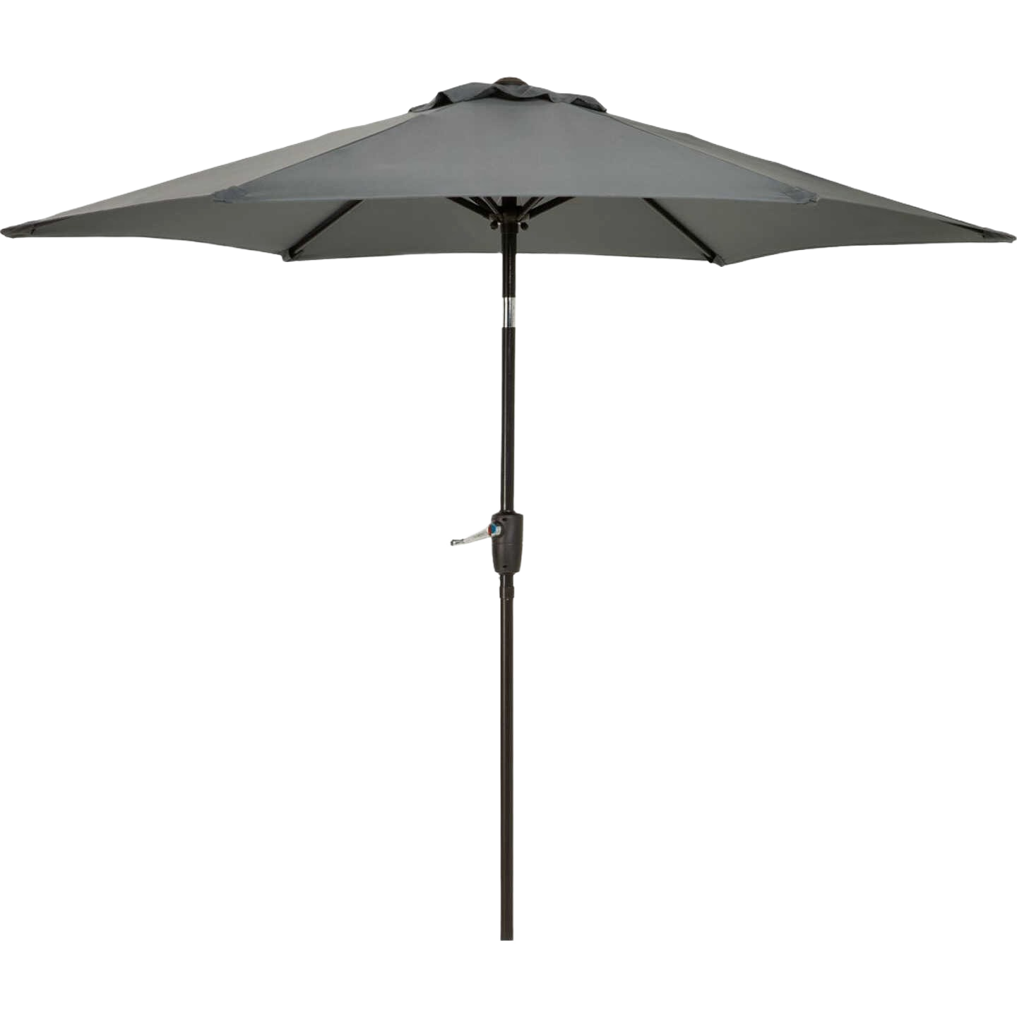 Gray aluminum patio umbrella with tilt and crank feature for outdoor living and lawn and garden spaces under $100