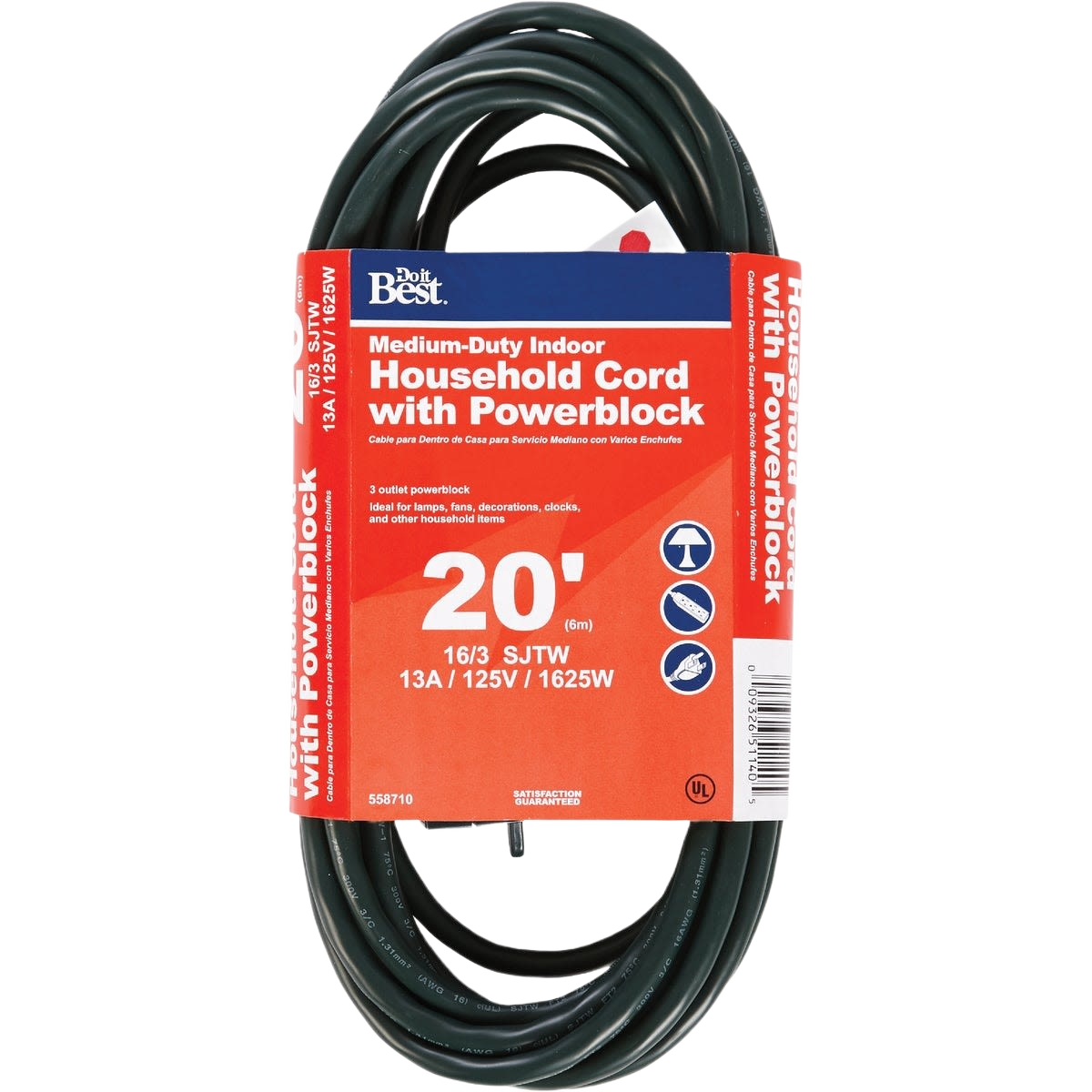Green 20 ft medium-duty indoor extension cord with three grounded outlets, suitable for electrical and appliance parts collections