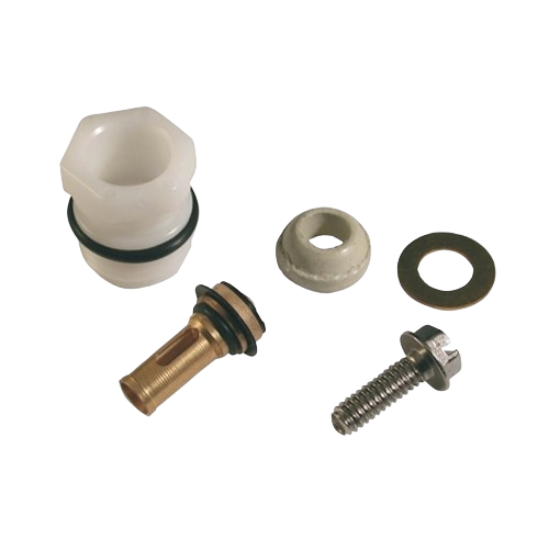 Set of small plumbing repair parts including plastic, brass, and metal pieces for outdoor faucet maintenance and home improvement tasks