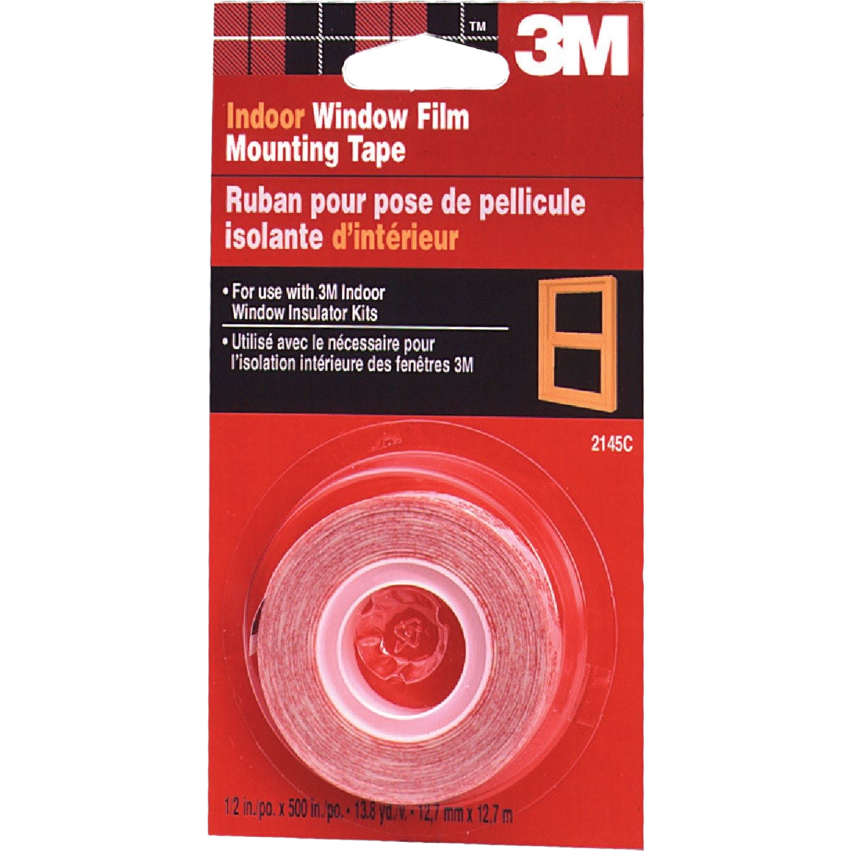Roll of clear mounting tape for window film in red and black packaging, suitable for home improvement tasks