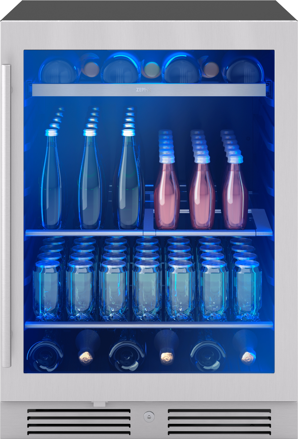 stainless steel beverage center with glass door, blue interior light, adjustable shelves stocked with bottles in refrigerators collection