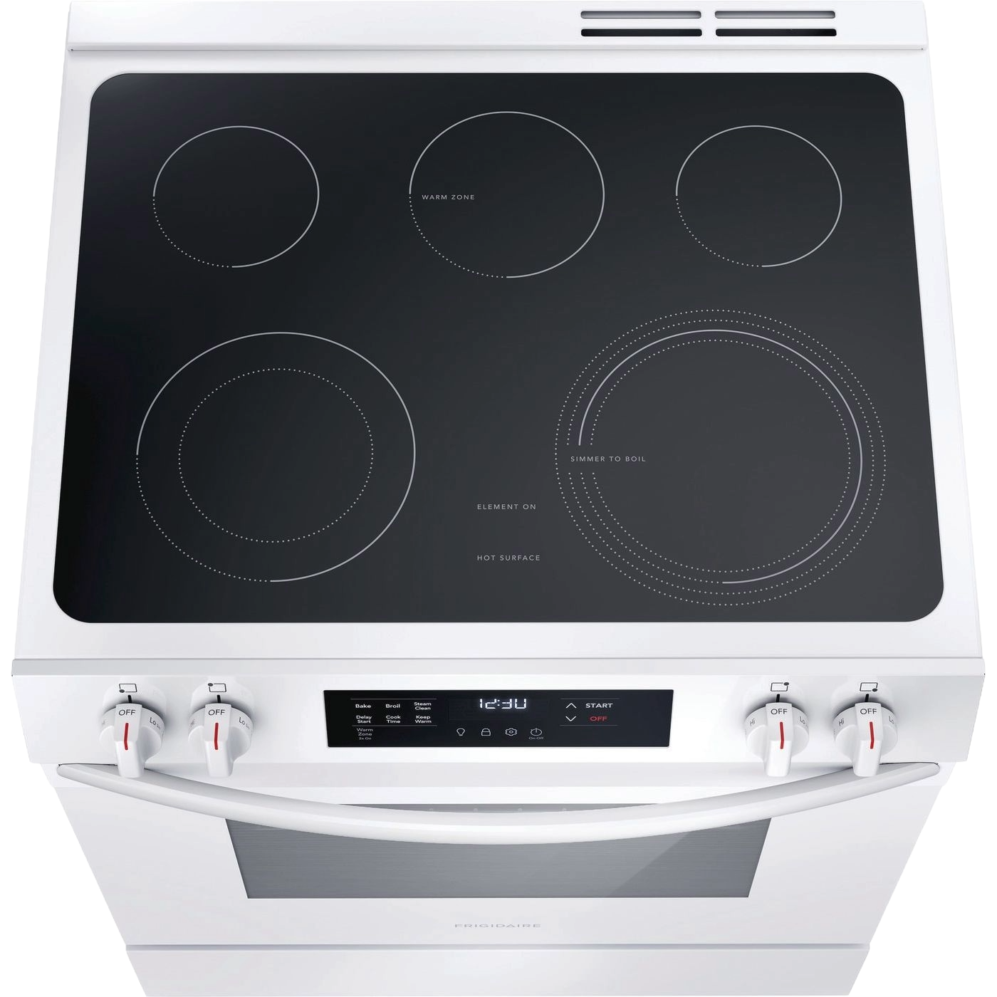 Top view of a white electric range with smooth glass cooktop and front control knobs in modern kitchen appliance.