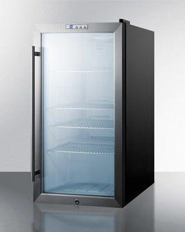 compact 19-inch wide beverage center with black cabinet and stainless steel trimmed glass door for kitchen appliances
