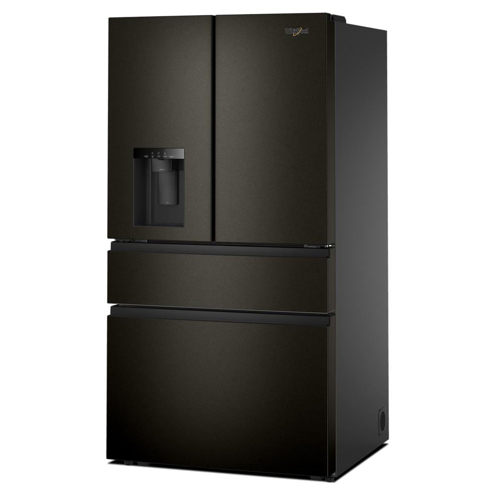 Matte black Whirlpool French door refrigerator with flexible temperature drawer and in-door water dispenser from kitchen appliances collection