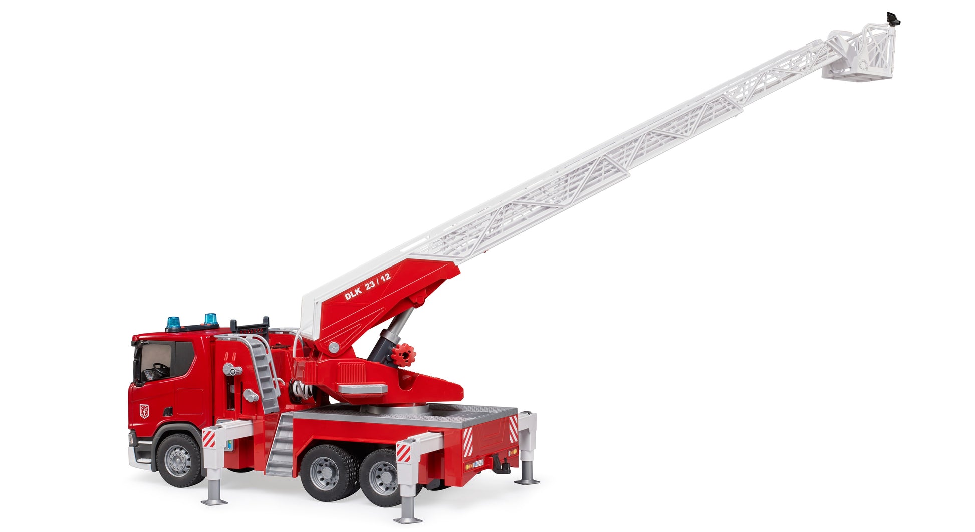 Red Bruder Scania Super 560R fire engine toy with extended white ladder and stabilizing outriggers from Bruder Toys collection