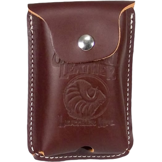 Brown leather clip-on calculator case with snap closure for tool storage and woodworking tools collections under $50