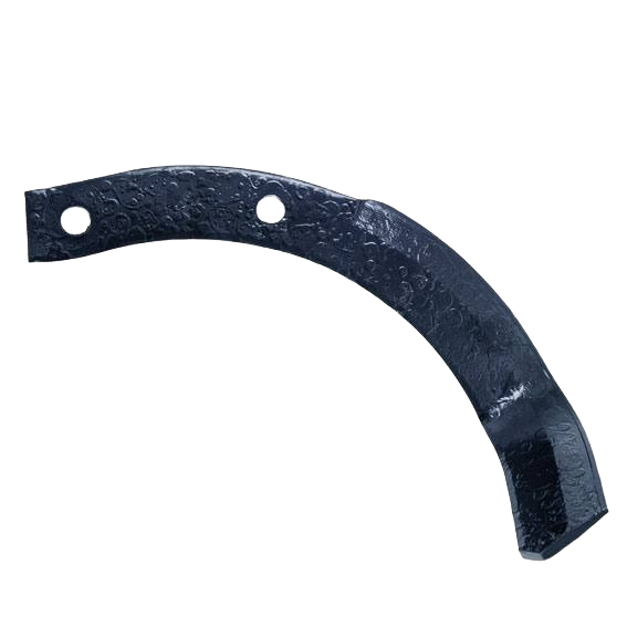 Curved black metal tine with textured surface and two mounting holes for agricultural or landscaping equipment.