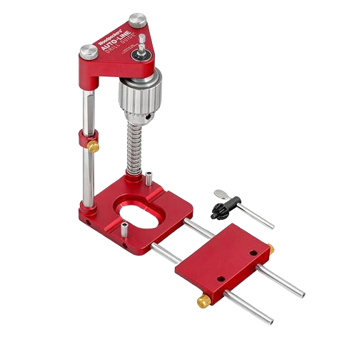 Red metal drill guide attachment with adjustable height and clamp for power tool accessories and drill attachments collections