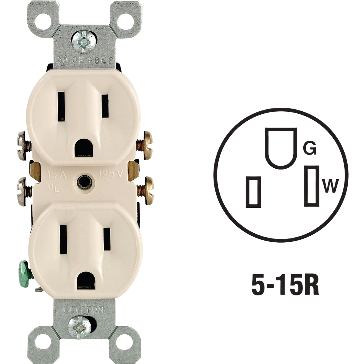 Light almond duplex outlet with grounded design and 15 amp rating for reliable home improvement electrical use
