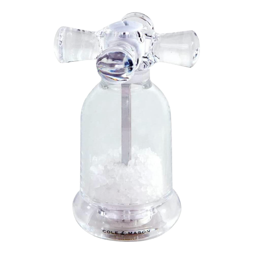 Transparent acrylic salt mill filled with coarse salt for Kitchenware and Home Improvement collections