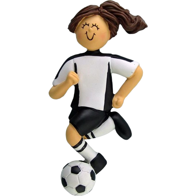 Cheerful brunette female figurine in black and white soccer uniform kicking a soccer ball Christmas ornament under 50 collection