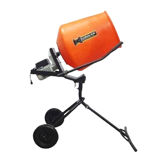 Orange moveable pedestal concrete mixer with black frame and wheels, part of rental equipment for cement and masonry tools at Hartville Hardware.