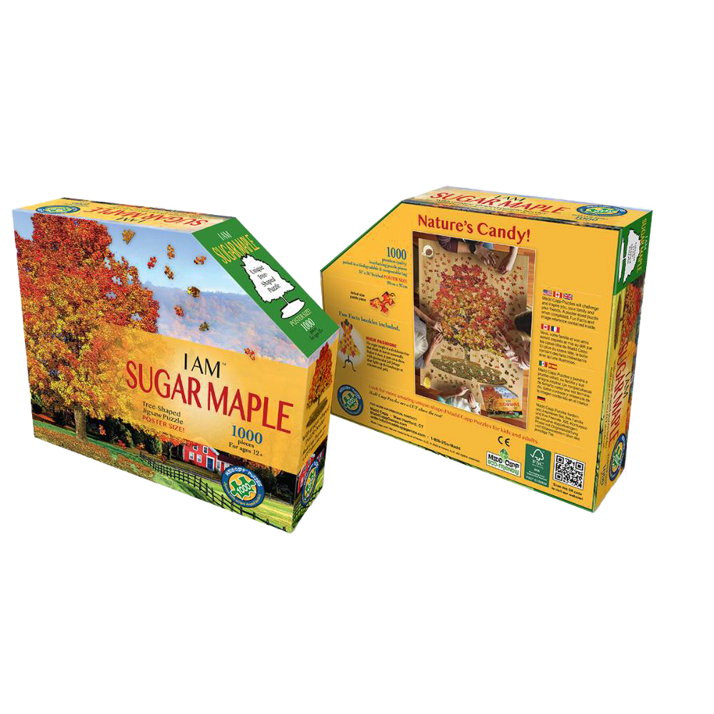 Packaging for a 1000-piece shaped puzzle featuring a sugar maple tree, part of Toys & Games and Puzzles collections under $50