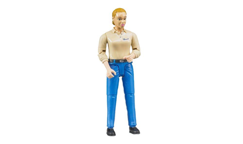 Lifelike toy figure of woman in beige shirt and blue jeans from Bruder Toys in under $50 collection