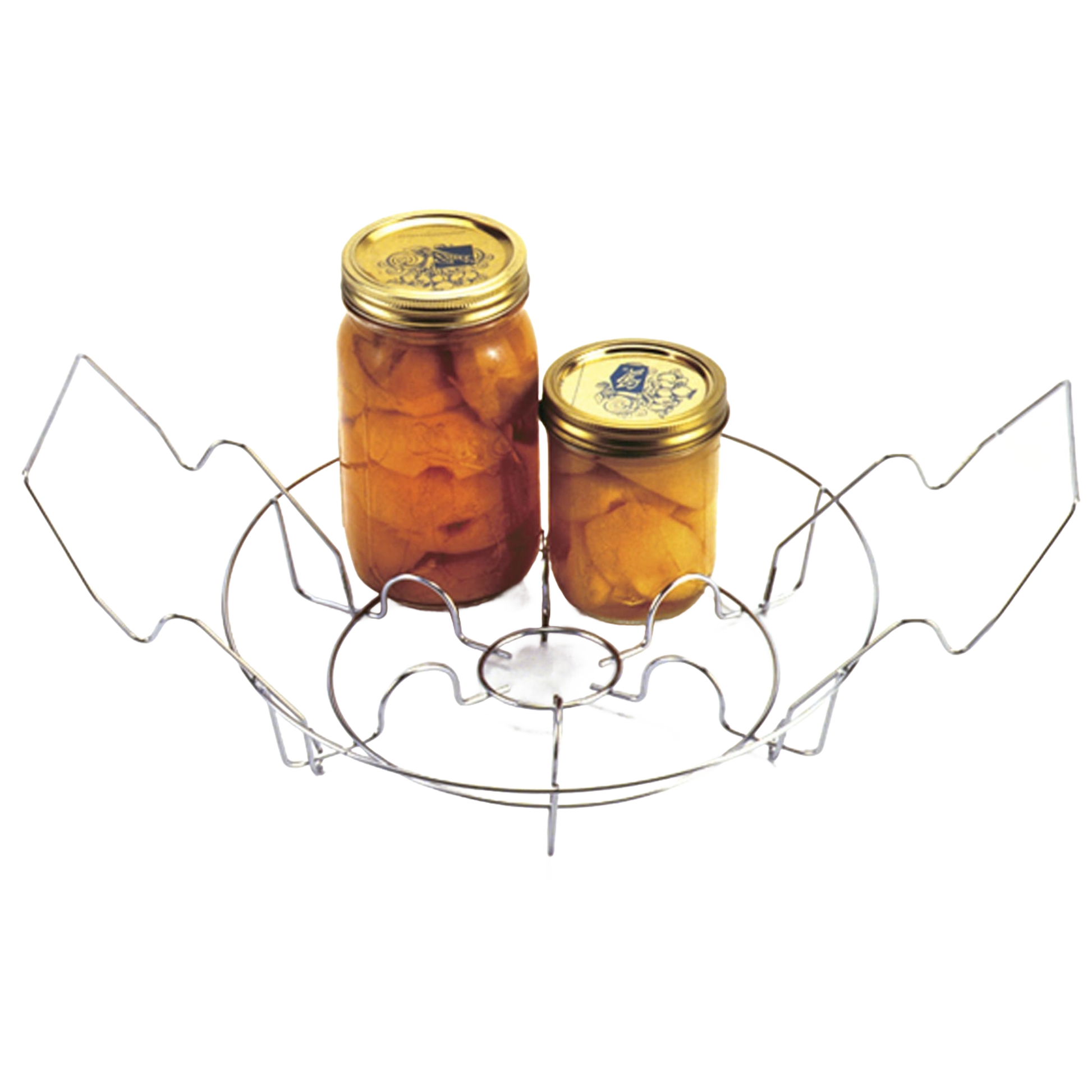 Wire jar rack with foldable handles supporting two glass canning jars, suitable for kitchenware and home use under $50