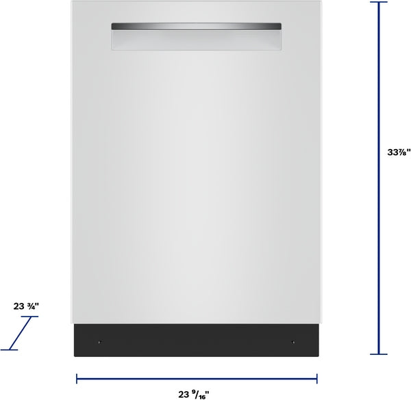 24-inch white built-in dishwasher with sleek black recessed handle from Bosch kitchen appliances collection