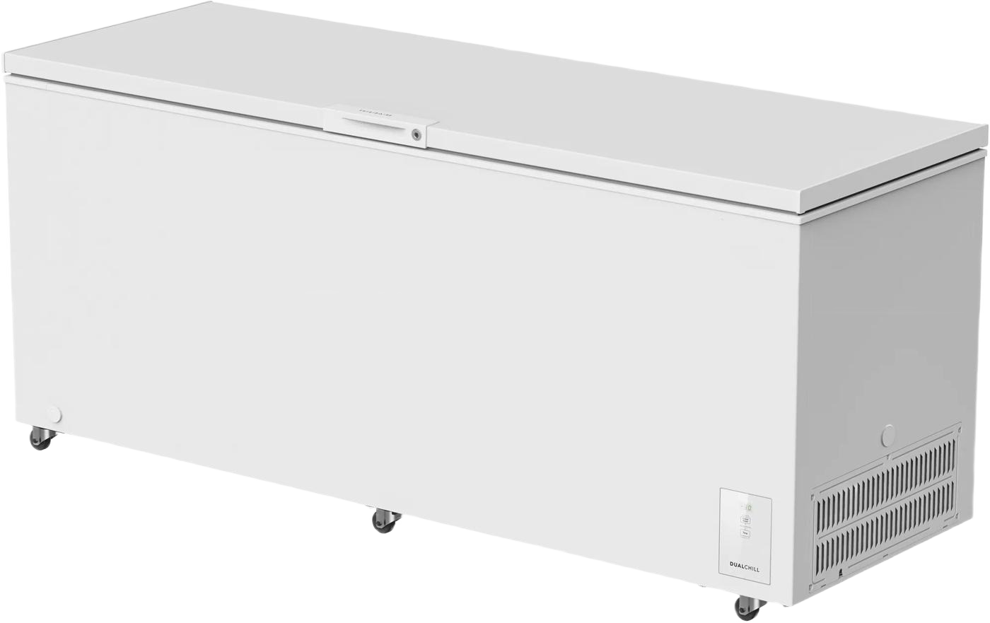 Large white chest freezer with a hinged lid and caster wheels, suitable for Freezers & Ice Makers, Chest Freezers, Kitchen & Kitchenware, and Appliances collections.