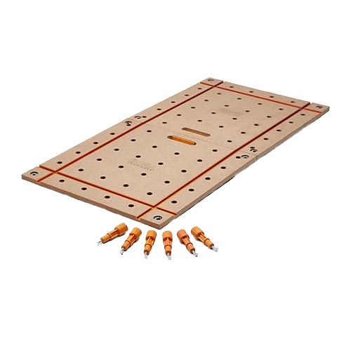 Wooden work table top with T-track slots and orange adjustable pins for precision woodworking and home improvement tasks