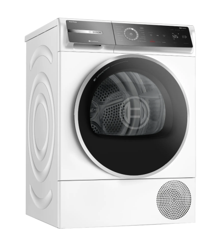 White Bosch heat pump dryer with digital control panel and circular door from Bosch Dryers and Washers collection