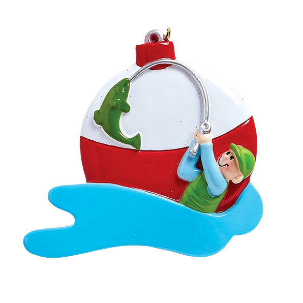 Personalized male fishing ornament with angler reeling bass, festive Christmas decoration under fifty dollars collection