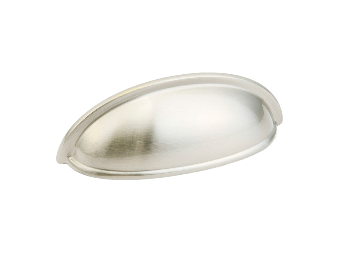 Satin nickel traditional 3-inch solid brass cup pull for cabinetry in hardware and furniture accessories collections