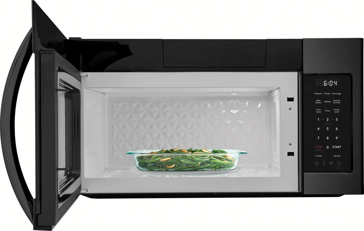 black over-the-range microwave with open door, digital control panel, and glass dish with cooked green beans inside