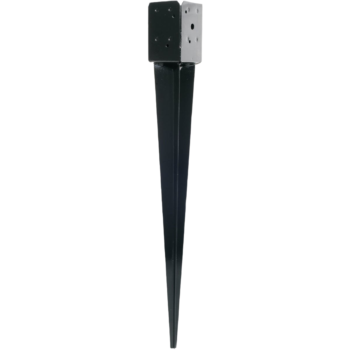 Black metal ground spike with square mounting bracket and pre-drilled holes for home improvement projects