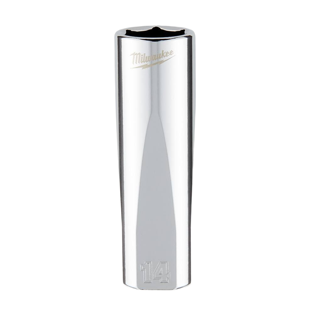 Chrome-finished 14-mm deep socket with 3/8" drive and six-point design for tools and home improvement use