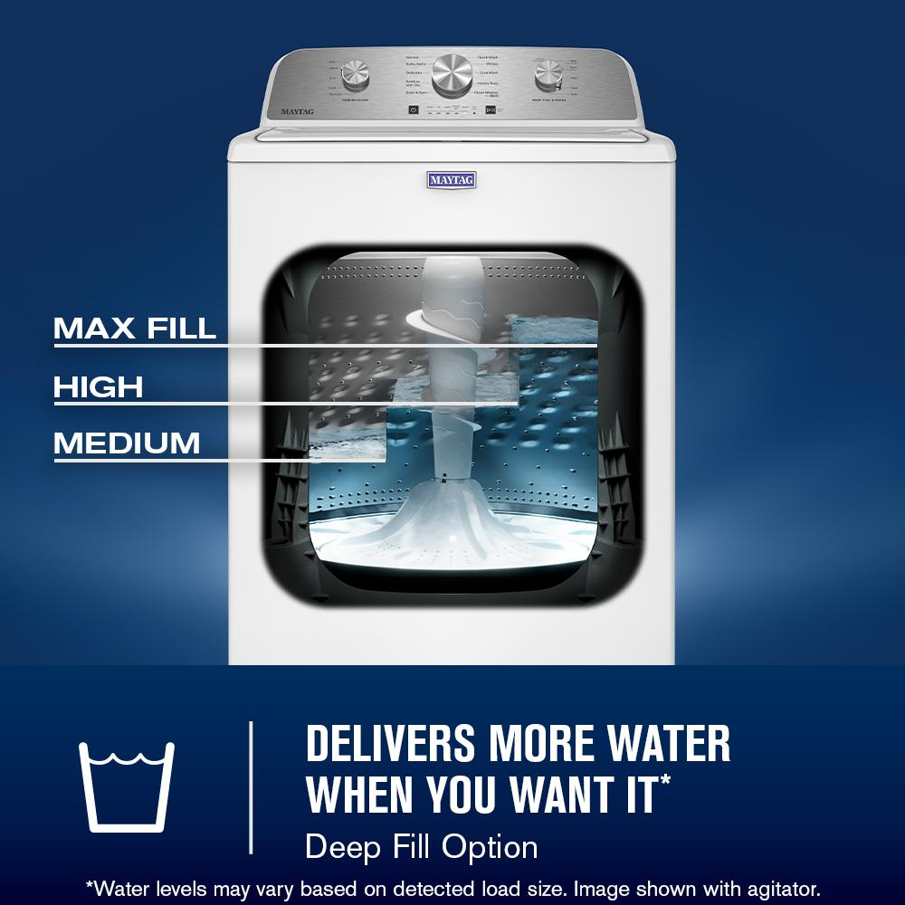 White top load washer showing deep fill water levels and Power agitator inside stainless steel tub in washers collection