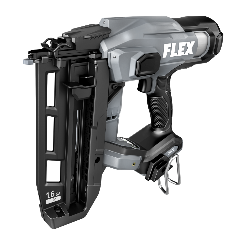 Cordless 24V finish nailer with brushless motor in gray and black, designed for trim and molding installation in home improvement power tools collections.