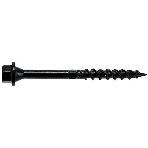 Black structural screw with hex flange head and coarse threads for fast fastening in hardware and lumber collections under $50