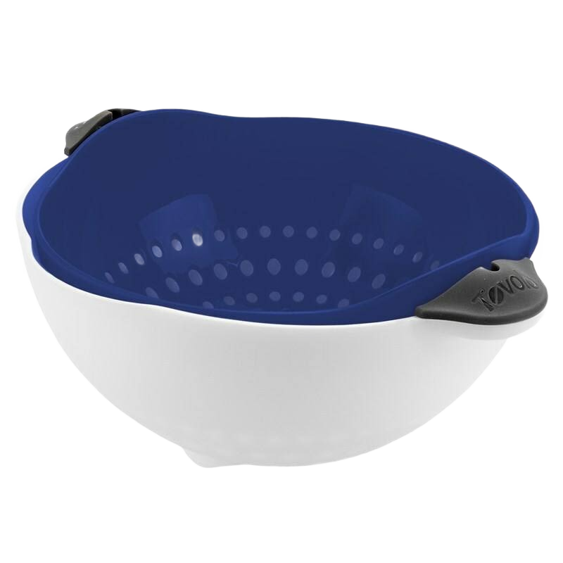 Deep indigo and white kitchen strainer bowl with handles for soaking and draining produce under $50 kitchenware tool
