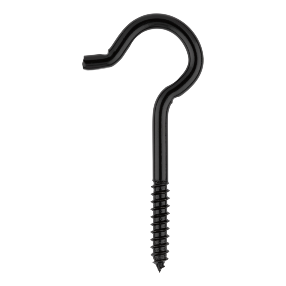 Black metal ceiling hook with threaded end for hanging and organizing items in storage and garage spaces