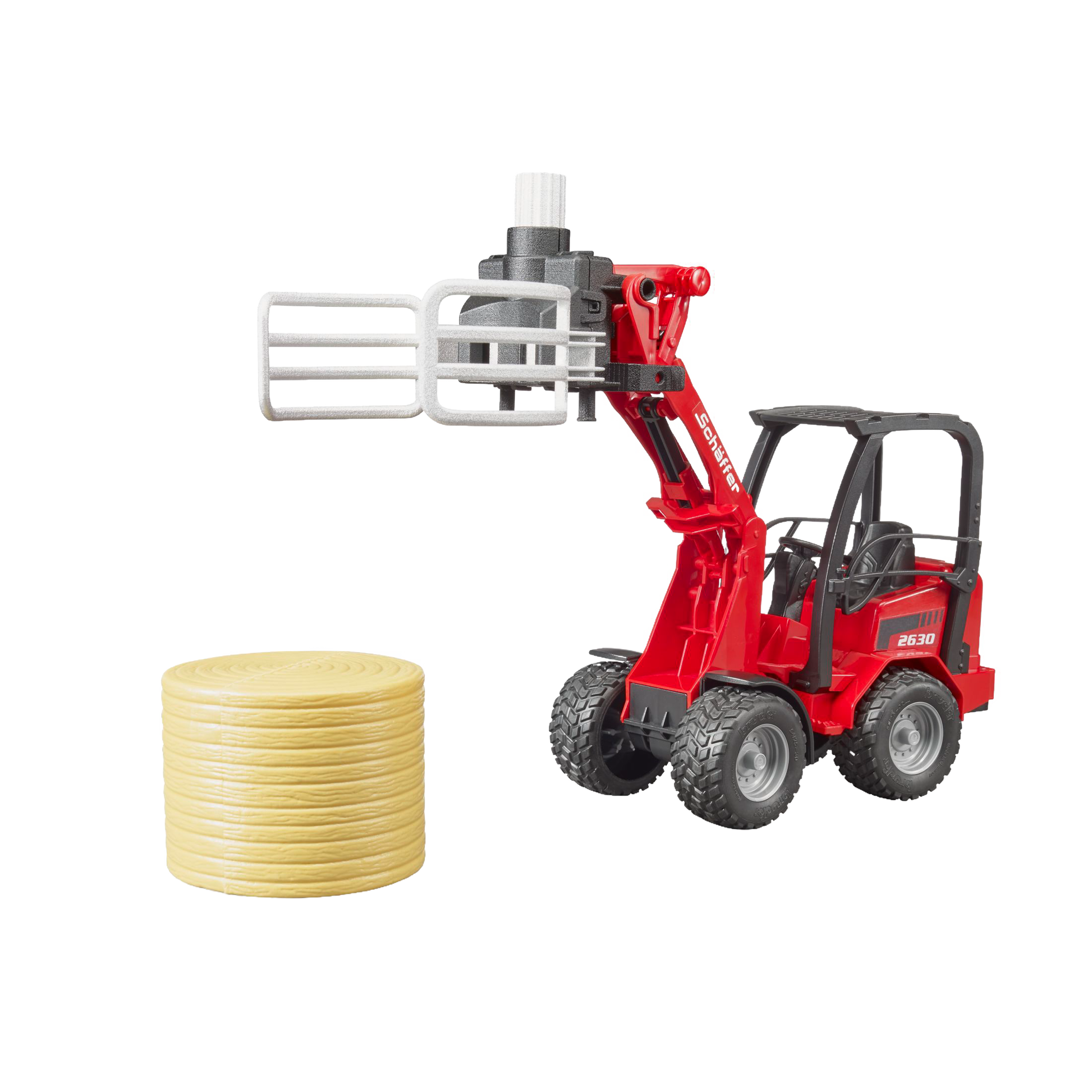 Red Bruder Schaeffer compact loader toy with bale gripper lifting round bale in Vehicles & Remote Controlled Toys collection