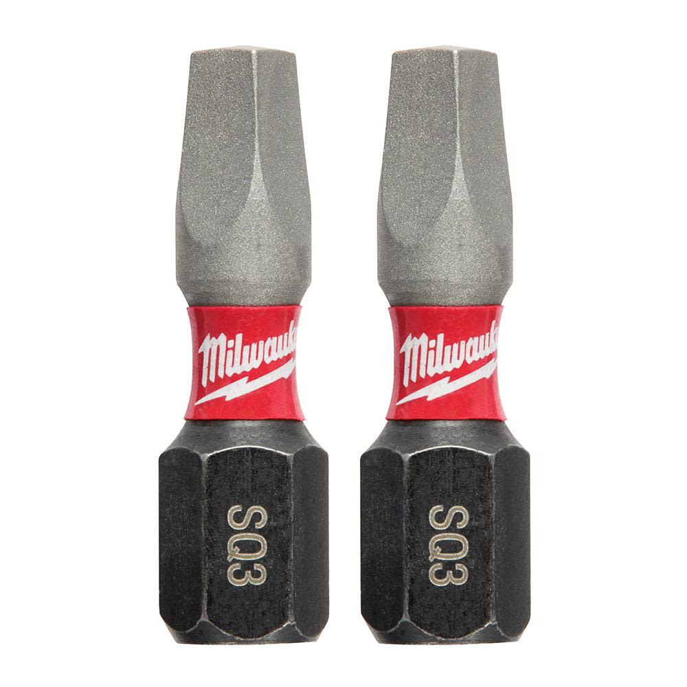Pair of Milwaukee shockwave impact duty square recess bits with red band for tool accessories and drill bits collections