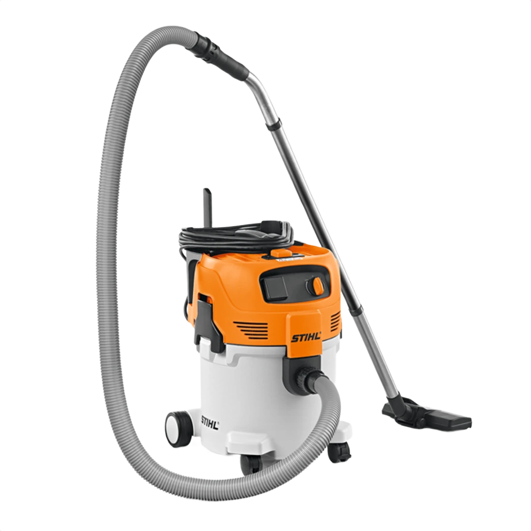 Portable wet and dry vacuum with orange and white body, flexible hose, and wide floor nozzle for cleaning tasks