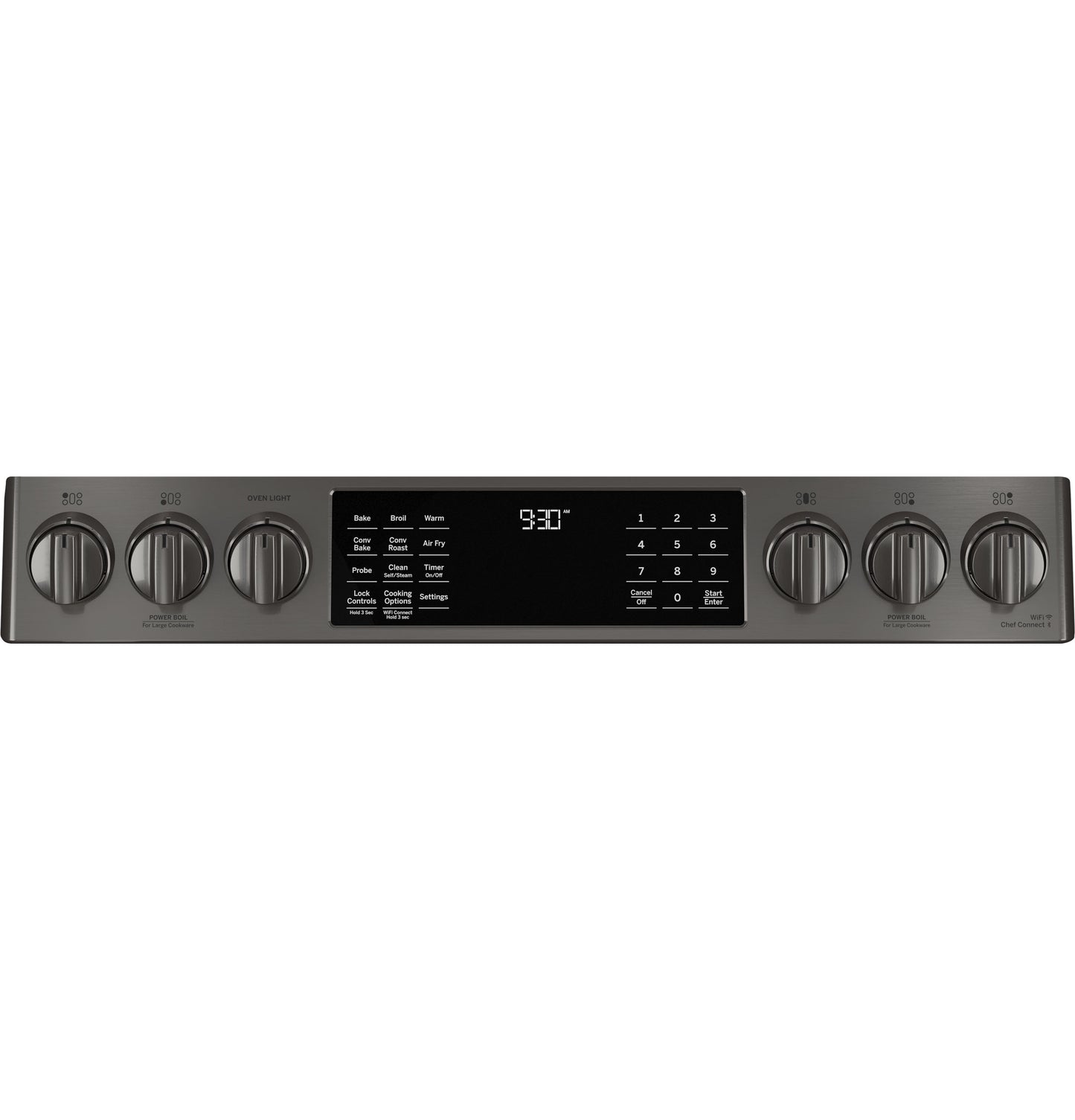 Control panel of a gas range featuring digital display, touch controls, and six stainless steel knobs for cooking settings