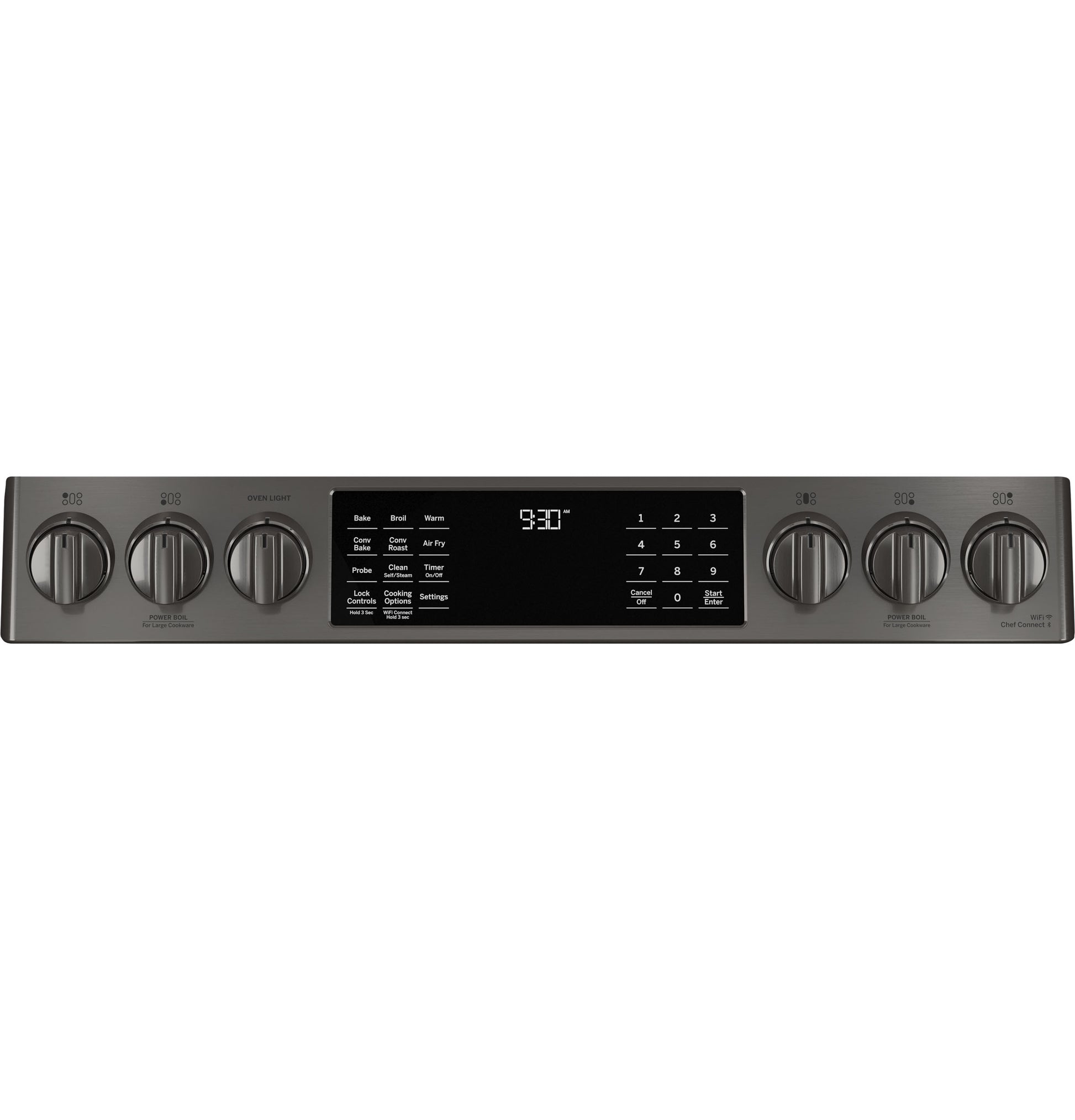 Control panel of a gas range featuring digital display, touch controls, and six stainless steel knobs for cooking settings