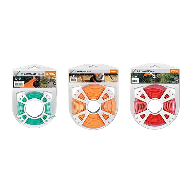 Three coiled trimmer lines in green, orange, and red, designed for power tool accessories and outdoor home improvement.