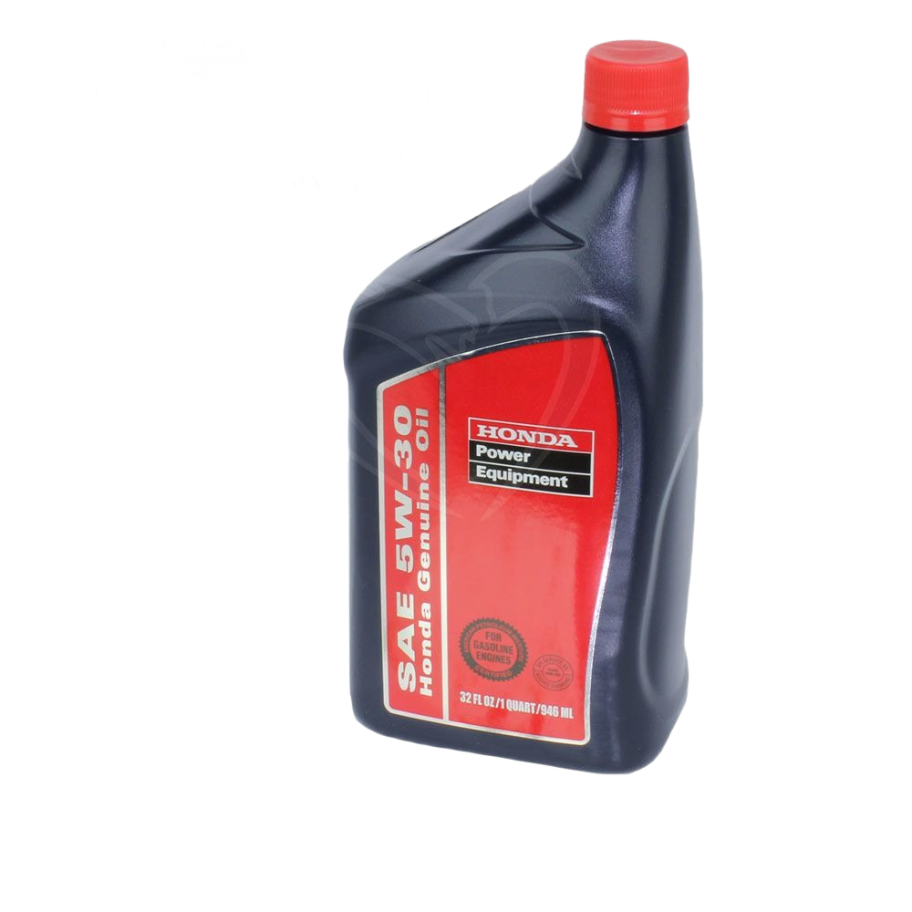 Black plastic quart container with red label and cap of SAE 5W-30 motor oil for Honda power equipment