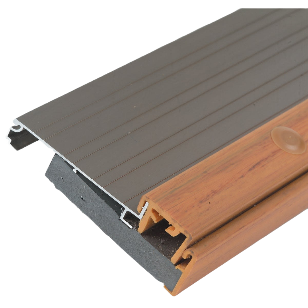 Adjustable height aluminum threshold with foam insert and thermal break for sealing gaps in home improvement hardware collections