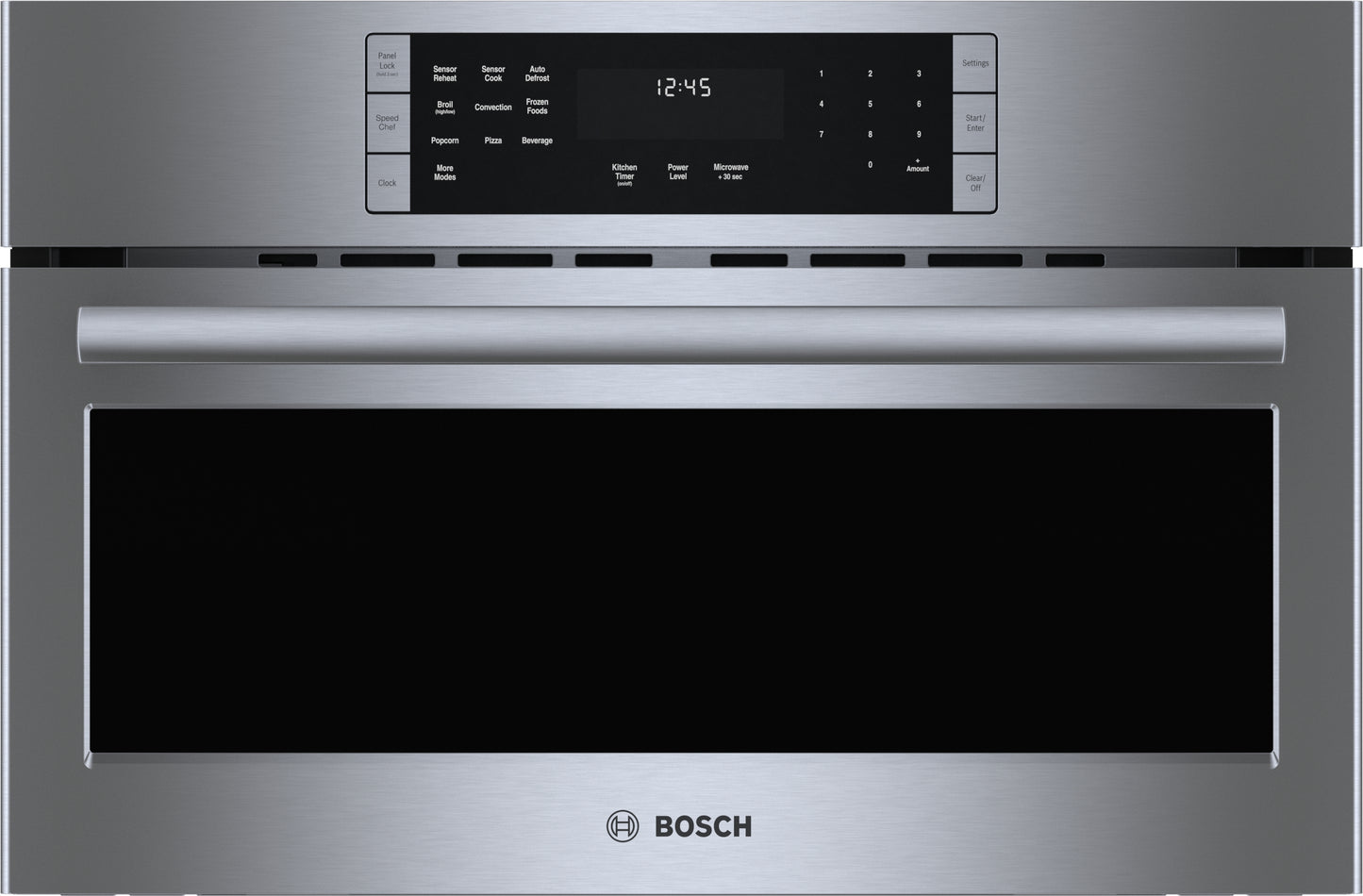 Stainless steel 30-inch speed oven with digital control panel in Bosch wall ovens and kitchen appliances collections
